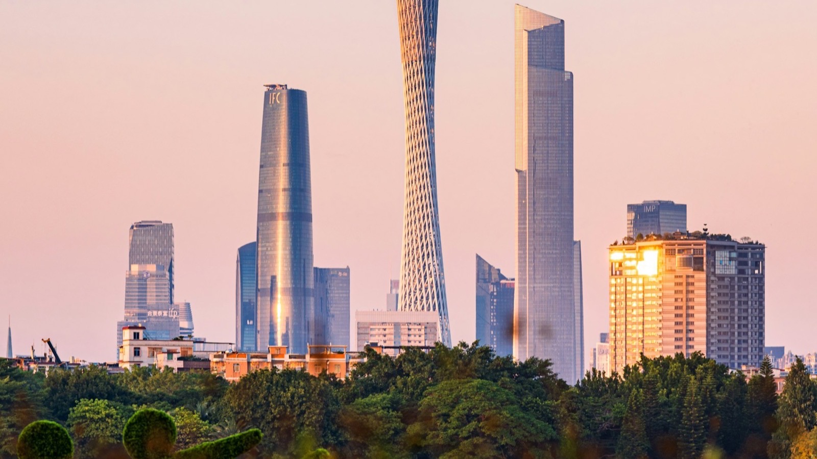 The Guangzhou skyline at sunset with the Canton Tower, the city that hosts the Canton Fair each spring and autumn