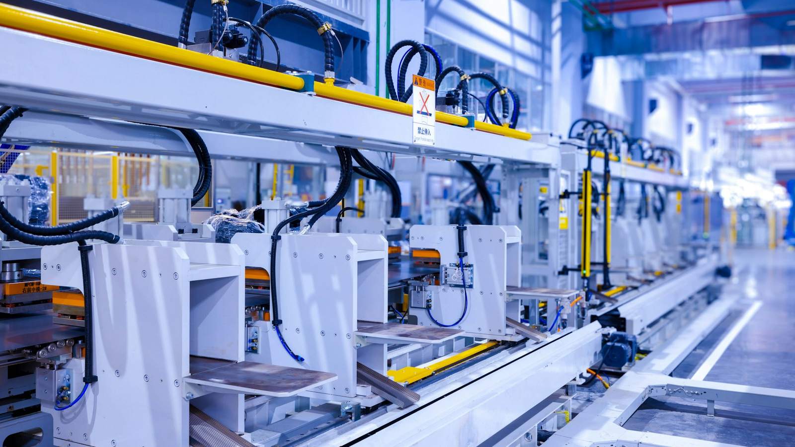 An industrial production line inside a factory, representing capital machinery imported for a buyer's own plant