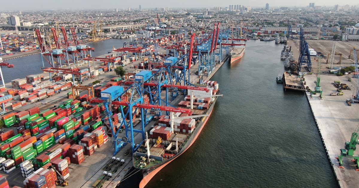 Busy container port with cranes loading and unloading cargo, representing Chattogram Port's cargo arrival and clearance process